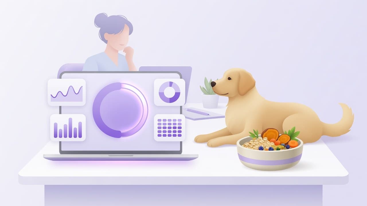 Staff de clínica evaluando un plan nutricional con el Motor de recetas junto a un perro y un bowl de ingredientes